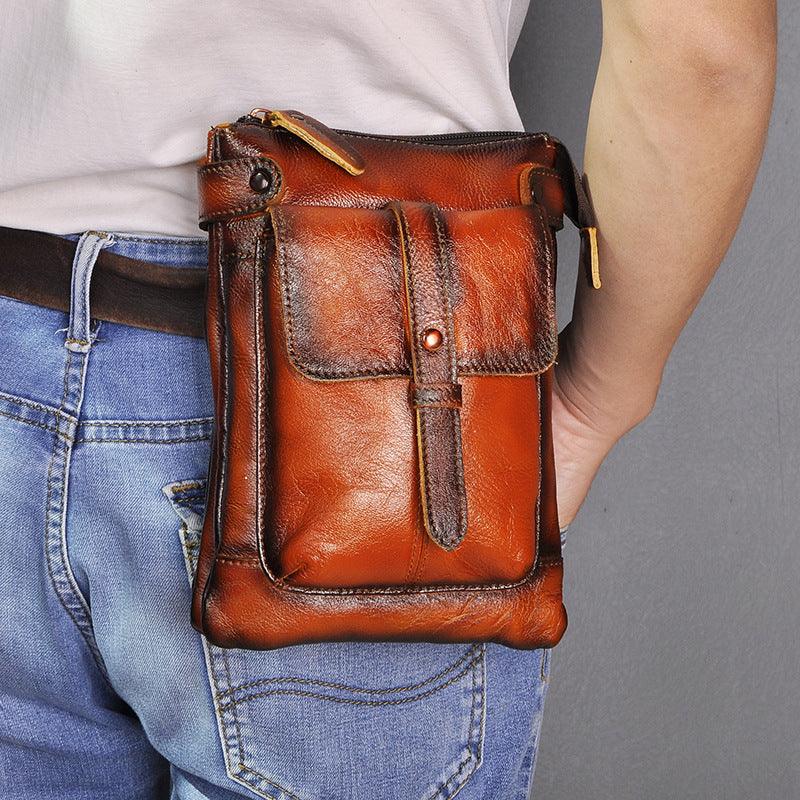 First Layer Tree Paste Skin Cowhide Men's Mobile Phone Camera Outdoor Small One Shoulder Oblique Span Bag Fanny Pack - Trendha