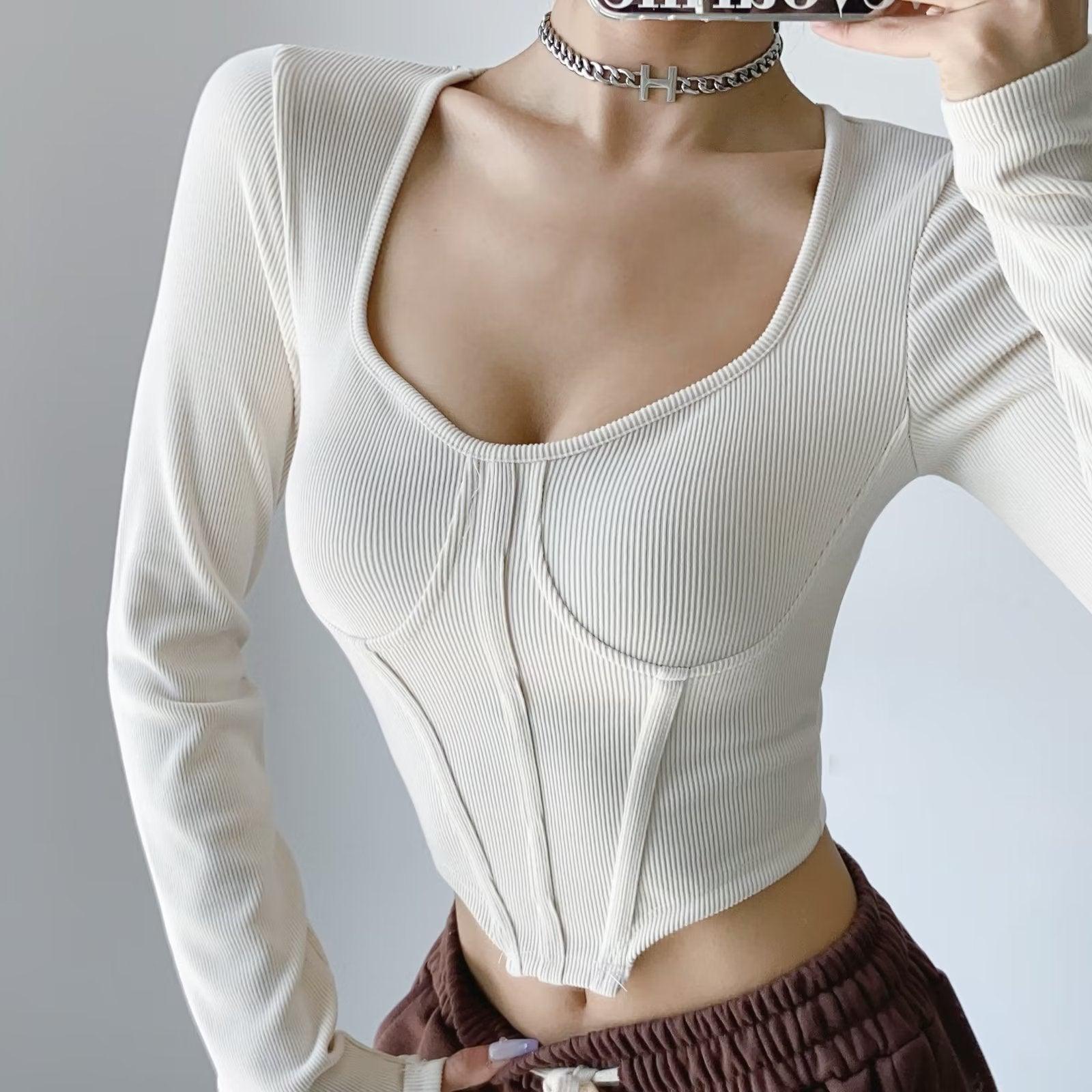 Fish Bone Low Neck Autumn New Slim Short Open Waist Top - Trendha