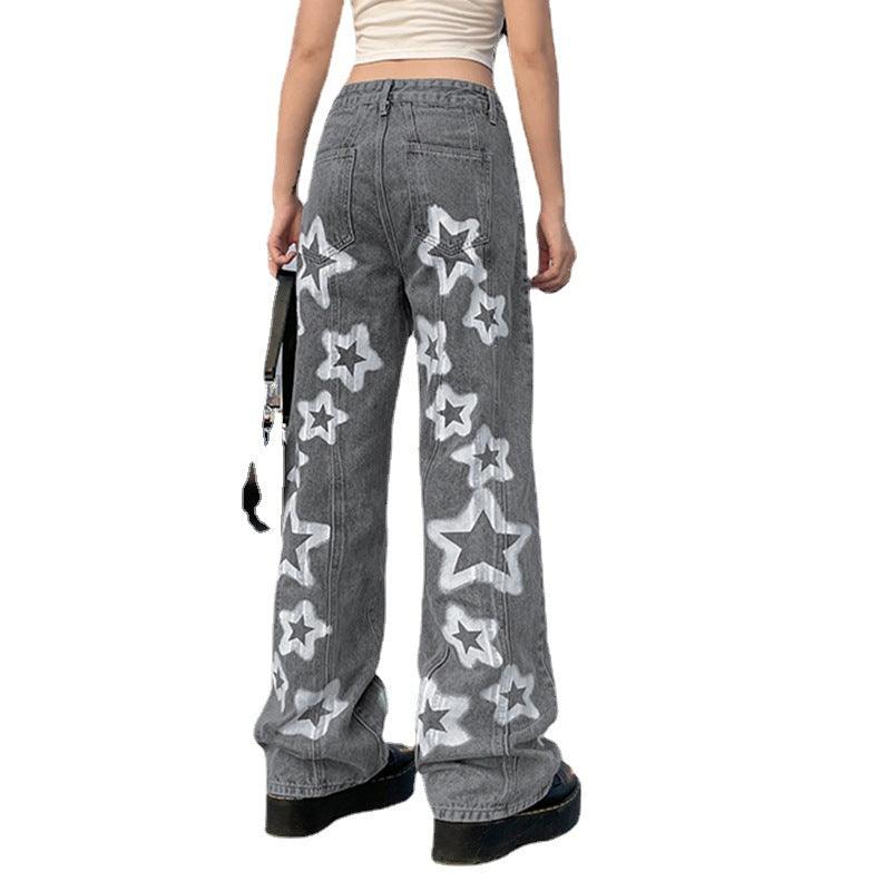 Five Pointed Star Printing Used Washed Jeans - Trendha