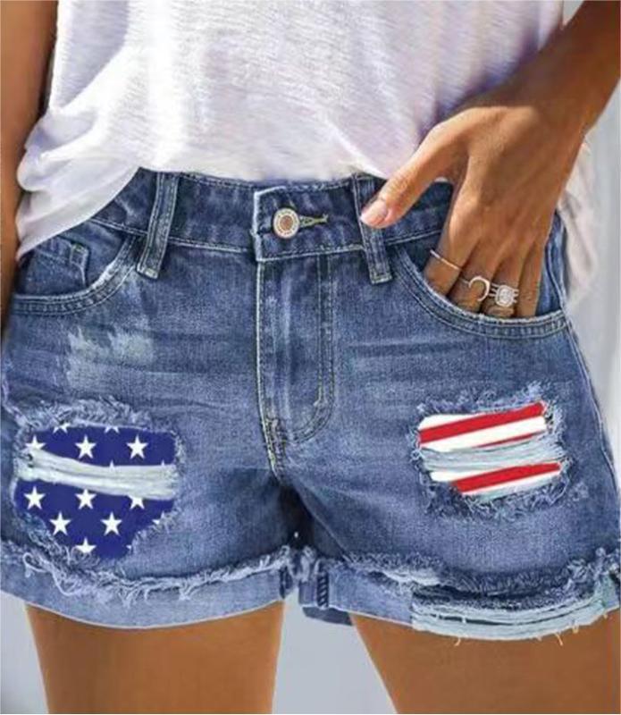 Flag Printed Patch Denim Shorts - Trendha