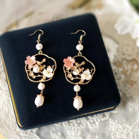 Flower And Bird Accessories Natural Pearl Long Ear Accessories - Trendha