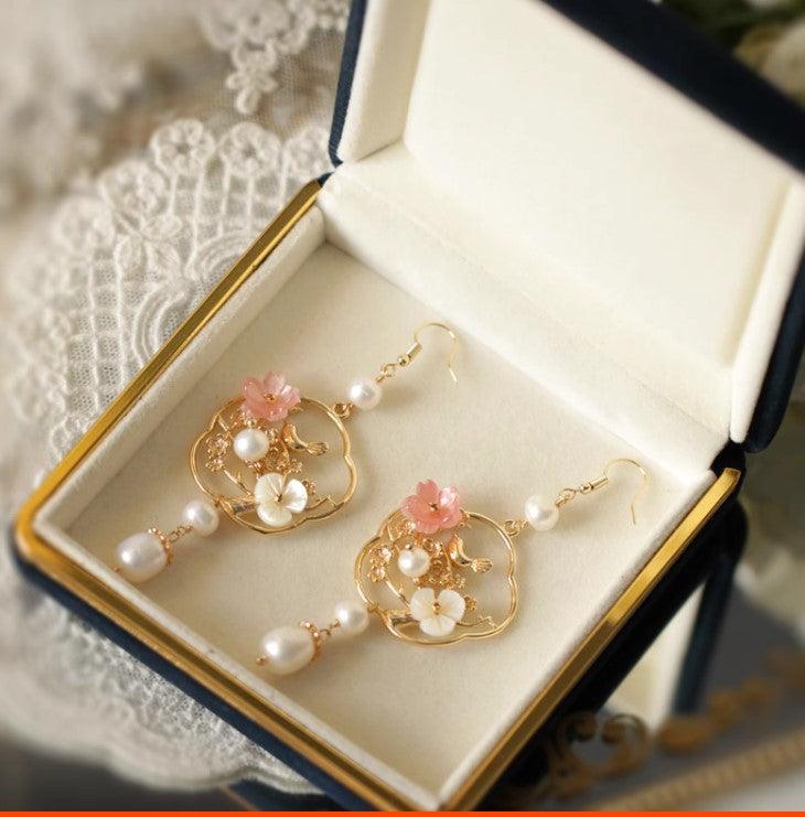 Flower And Bird Accessories Natural Pearl Long Ear Accessories - Trendha