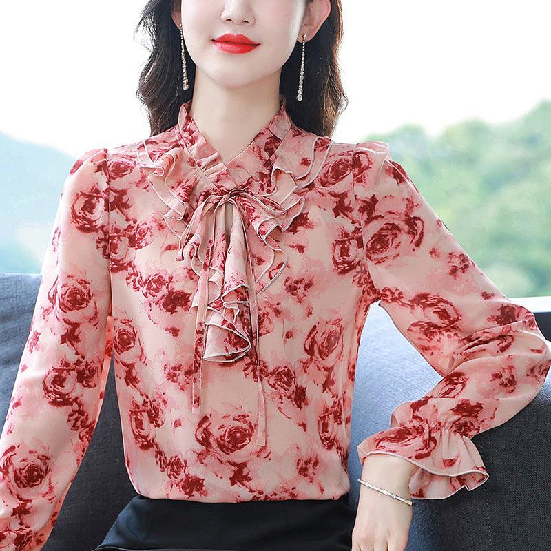 Foreign Style Agaric Ruffle Lace Up Floral Long Sleeved Chiffon Shirt For Women - Trendha