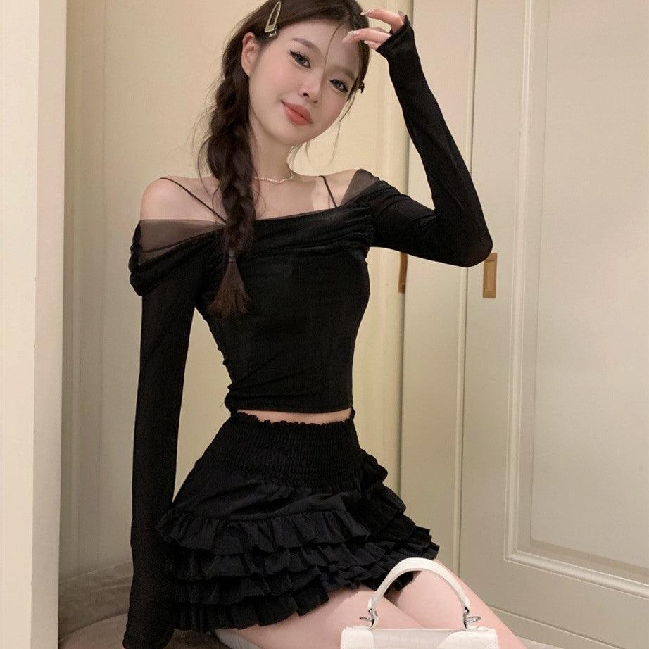 French Mesh Off-shoulder Long Sleeve Top - Trendha