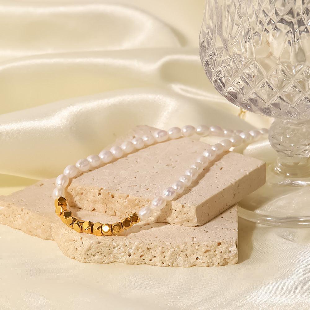 French Vintage Stainless Steel Small Gold Square Pearl Necklace - Trendha