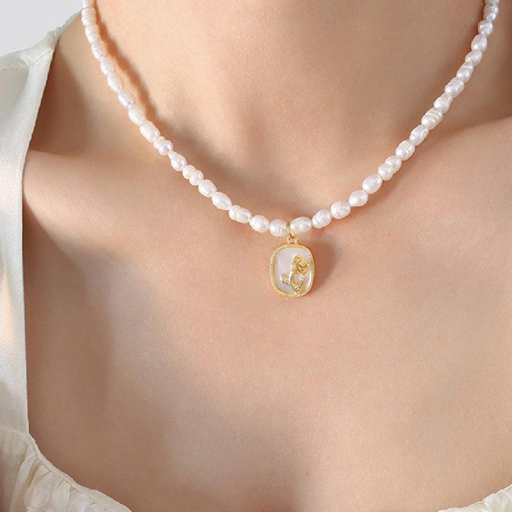 Fresh Water Pearl Chain Oval Brand Inlaid Zircon Color Shell Embossed Flower Necklace - Trendha