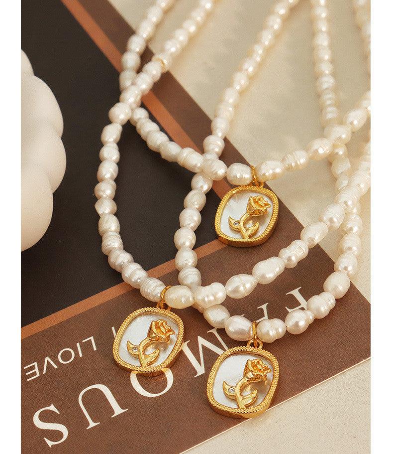 Fresh Water Pearl Chain Oval Brand Inlaid Zircon Color Shell Embossed Flower Necklace - Trendha
