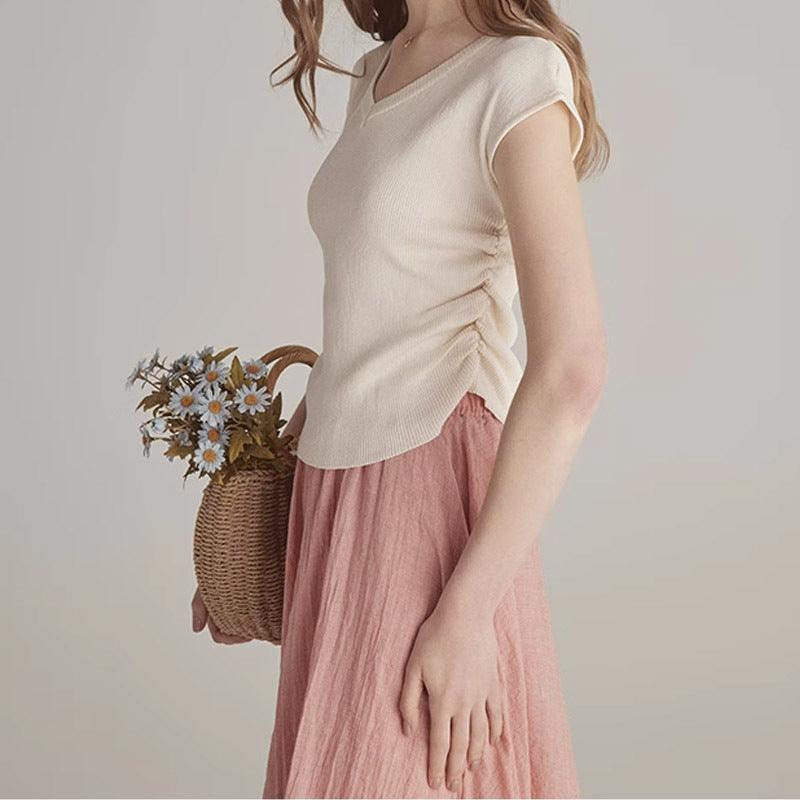 Gentle Solid Color Simple V-neck Short Sleeve Slimming Women's - Trendha