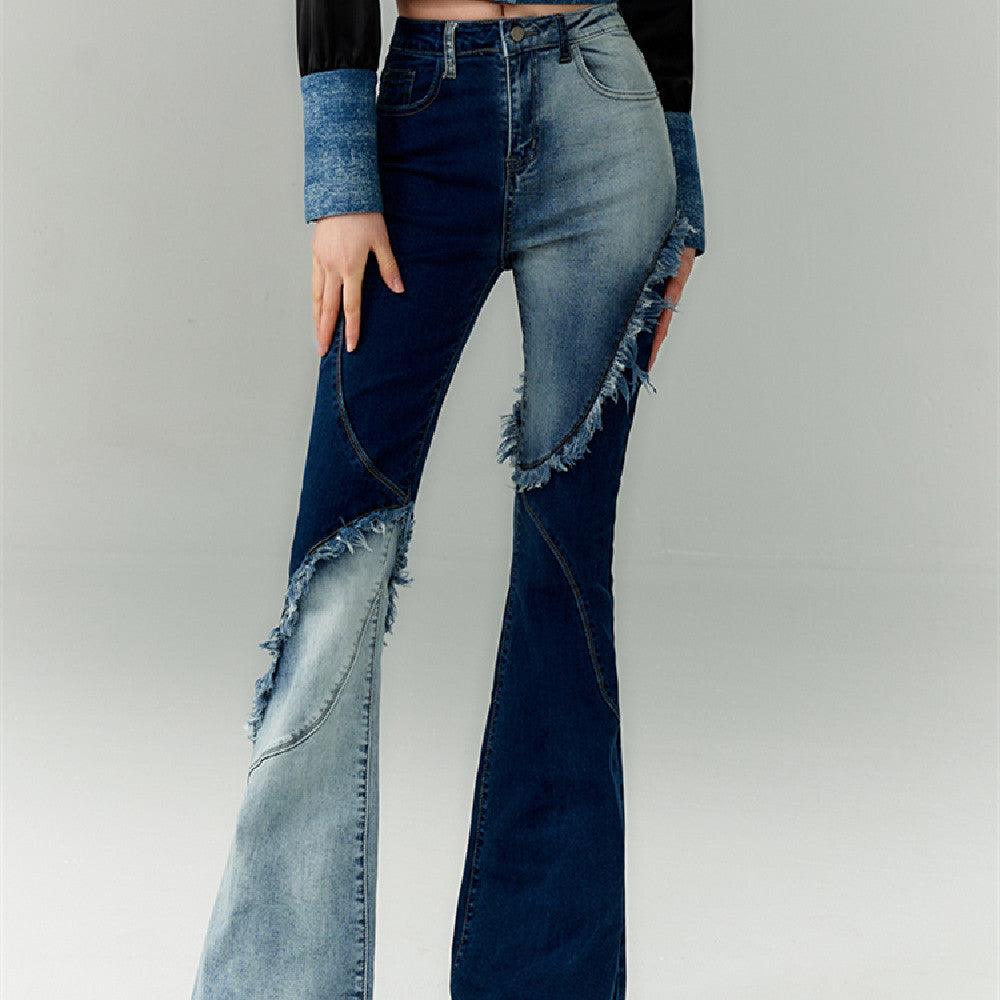Geometric Raw Edge Jeans With High Waistline And Slimming Effect - Trendha