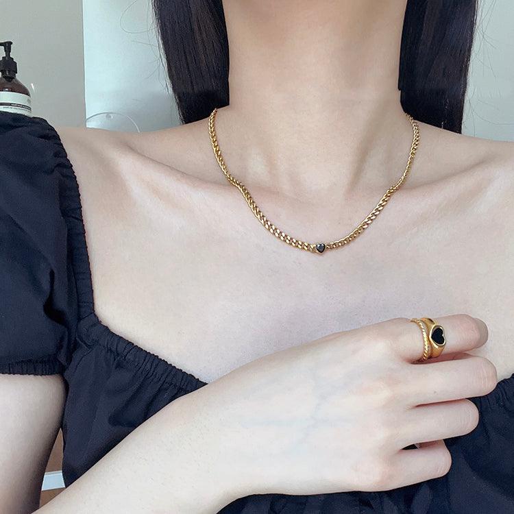 Gold Plated Black Love Thin Chain Collarbone Necklace - Trendha