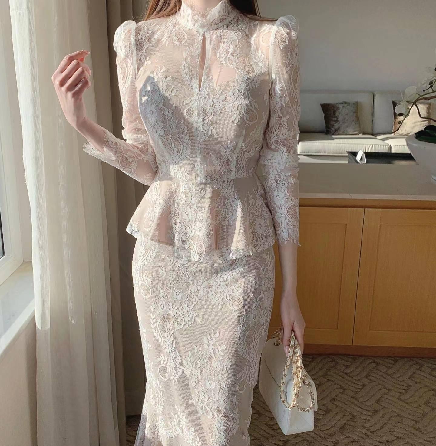 Graceful Stand Collar Hollow Lace Crocheted Design Shirt Ruffled Fishtail Hip Skirt - Trendha