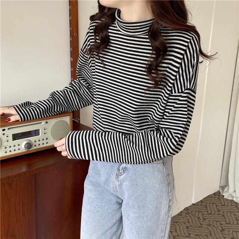 Half High Neck Striped Long Sleeved T Shirt - Trendha