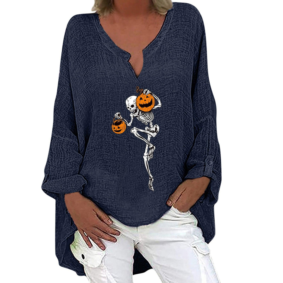 Halloween Themed Print V-neck Cotton Linen Long Sleeve Shirt For Women - Trendha