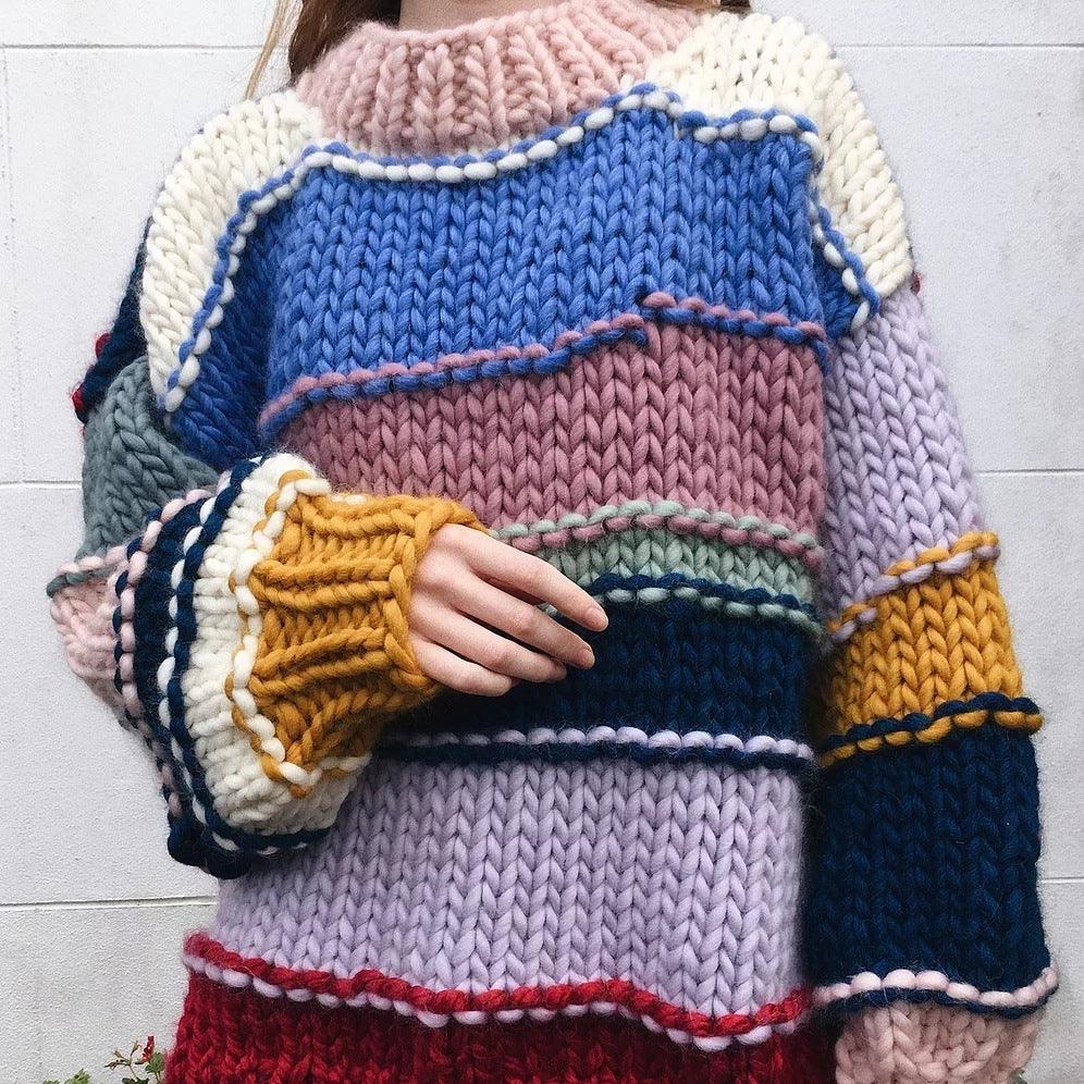 Hand-woven Rainbow Striped Contrast Color Sweater Coat - Trendha