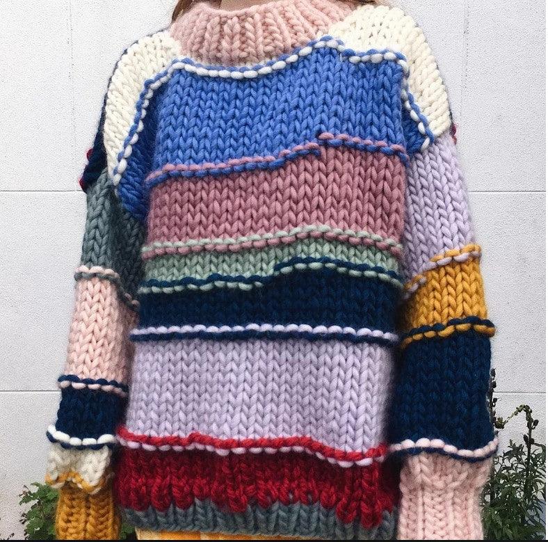 Hand-woven Rainbow Striped Contrast Color Sweater Coat - Trendha