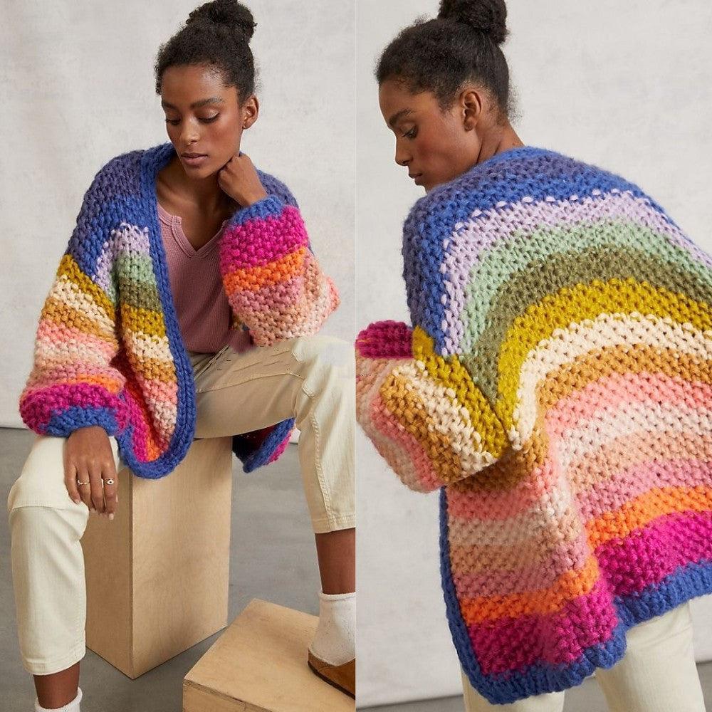 Handmade Rainbow Striped Contrast Color Thick Needle Sweater Coat - Trendha