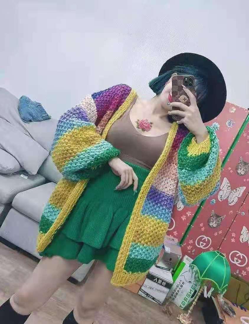 Handmade Rainbow Striped Contrast Color Thick Needle Sweater Coat - Trendha