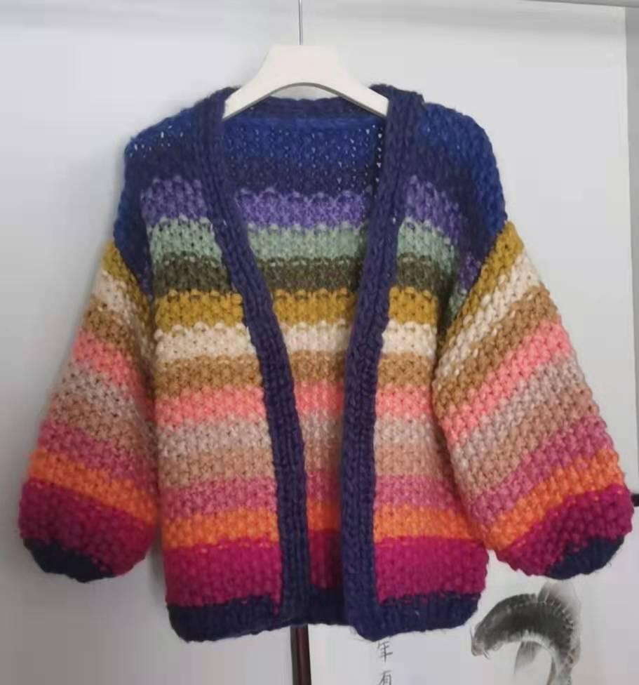 Handmade Rainbow Striped Contrast Color Thick Needle Sweater Coat - Trendha