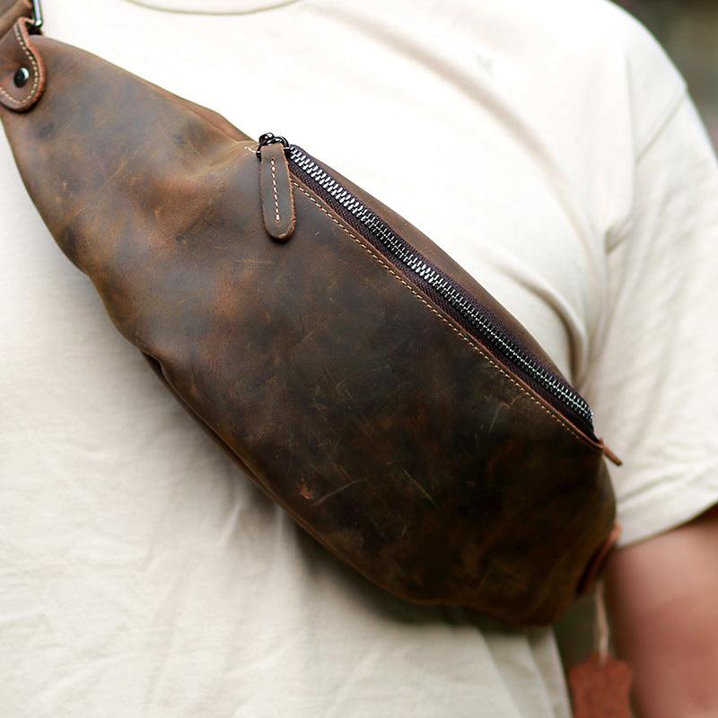 Handmade Retro Head Layer Crazy Horse Leather Zipper Chest Bag - Trendha