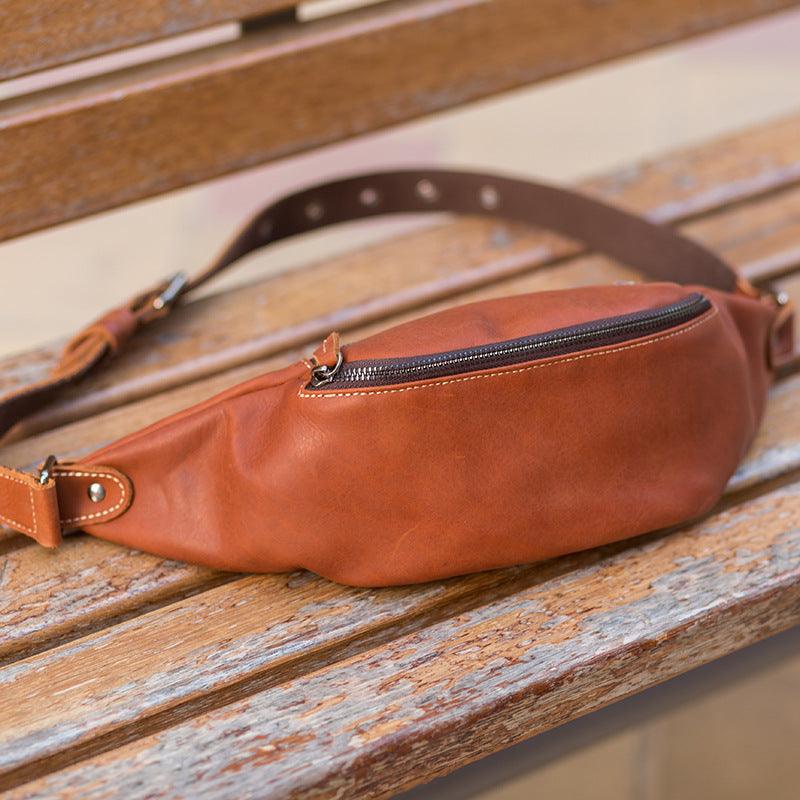 Handmade Retro Head Layer Crazy Horse Leather Zipper Chest Bag - Trendha