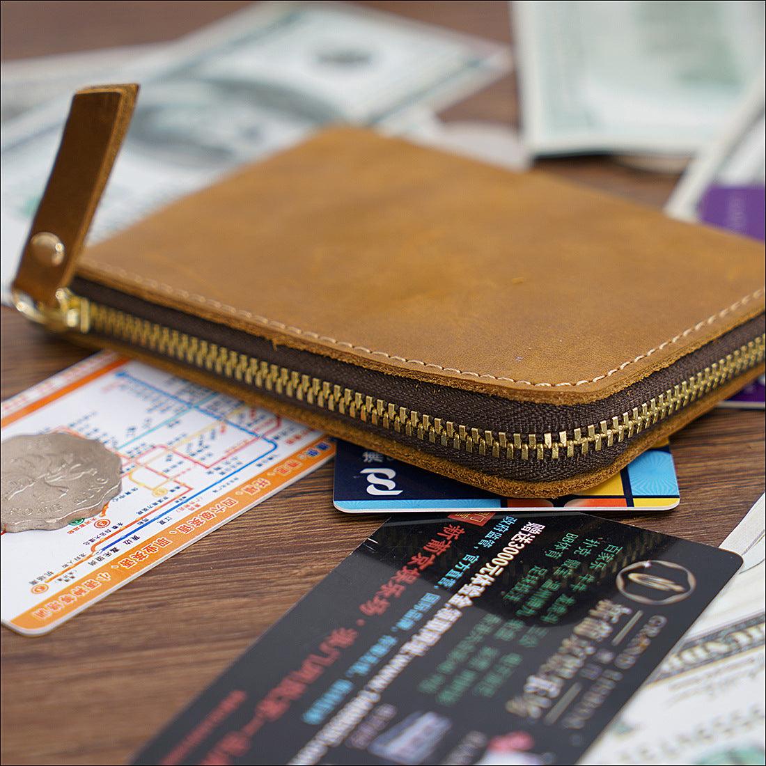 Handmade Short Vintage Crazy Horse Leather Zipper Wallet - Trendha