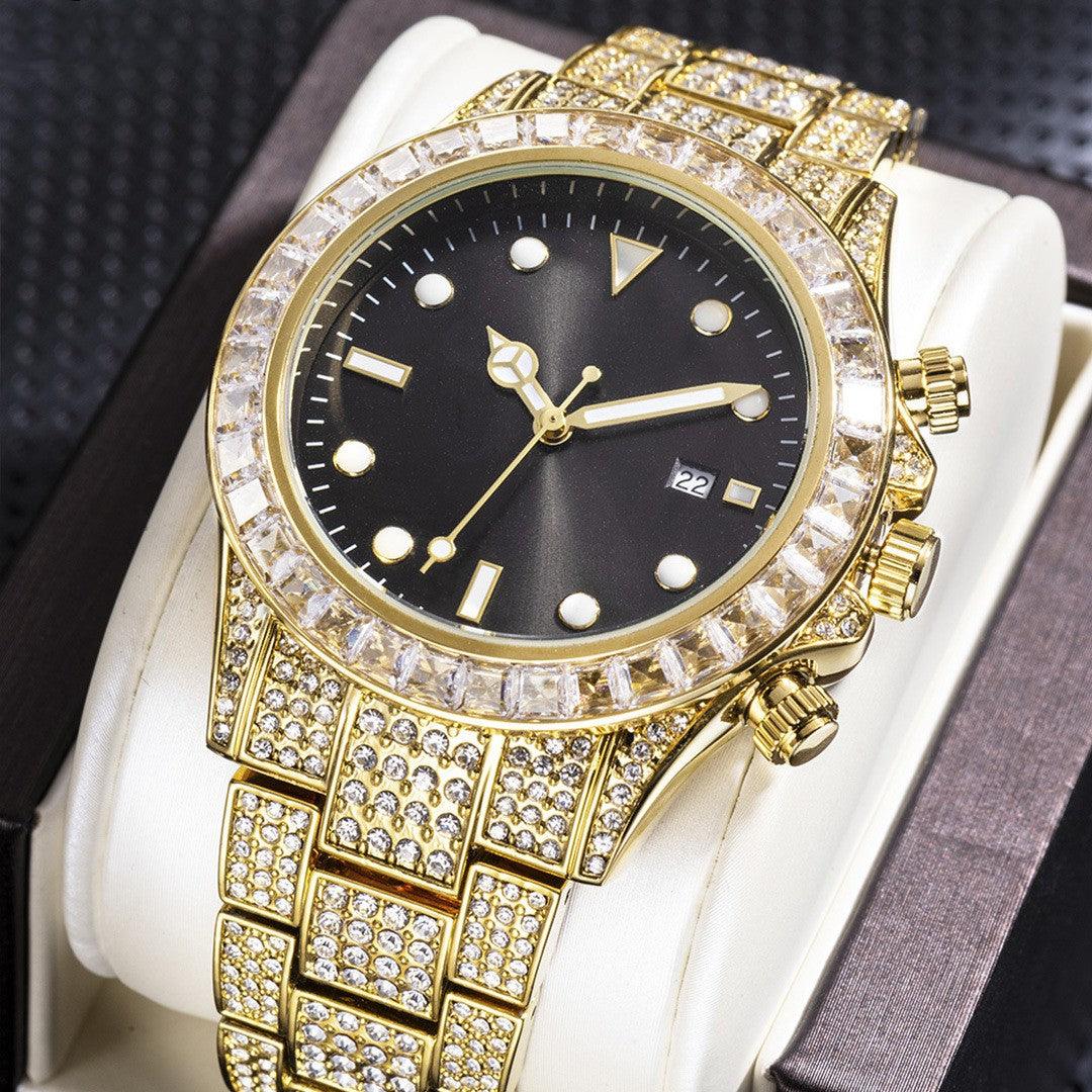 High-grade Diamond-encrusted Di Tone Full Diamond-green Disk Sun Pattern Luminous Quartz Watch - Trendha