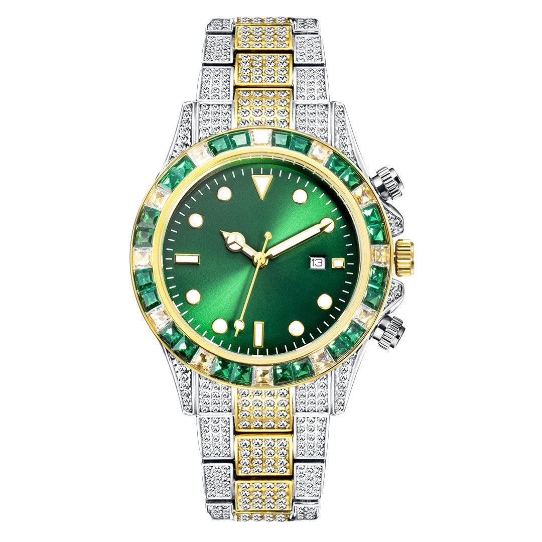 High-grade Diamond-encrusted Di Tone Full Diamond-green Disk Sun Pattern Luminous Quartz Watch - Trendha