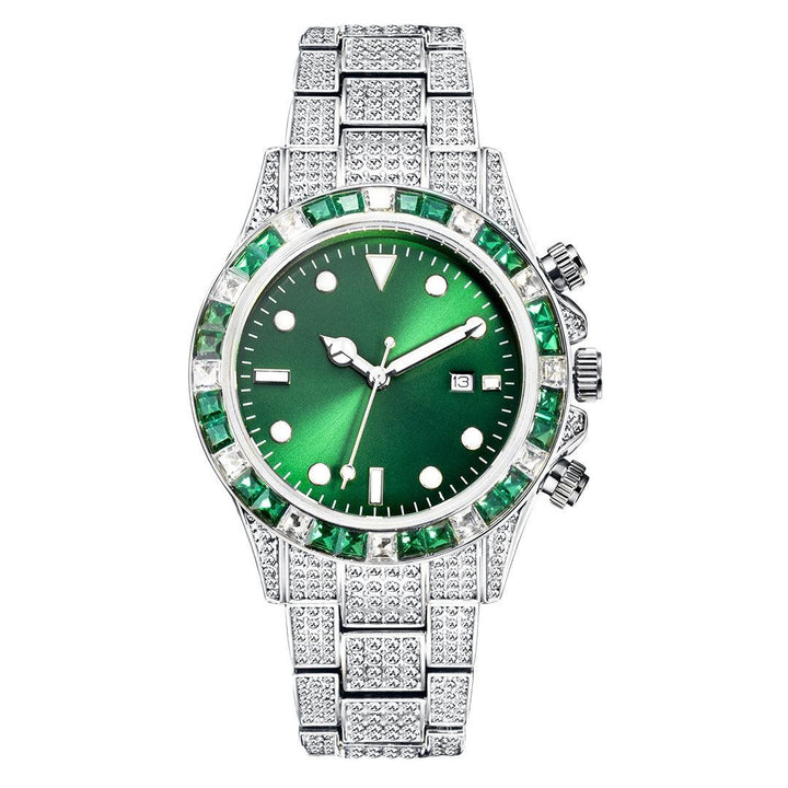 High-grade Diamond-encrusted Di Tone Full Diamond-green Disk Sun Pattern Luminous Quartz Watch - Trendha