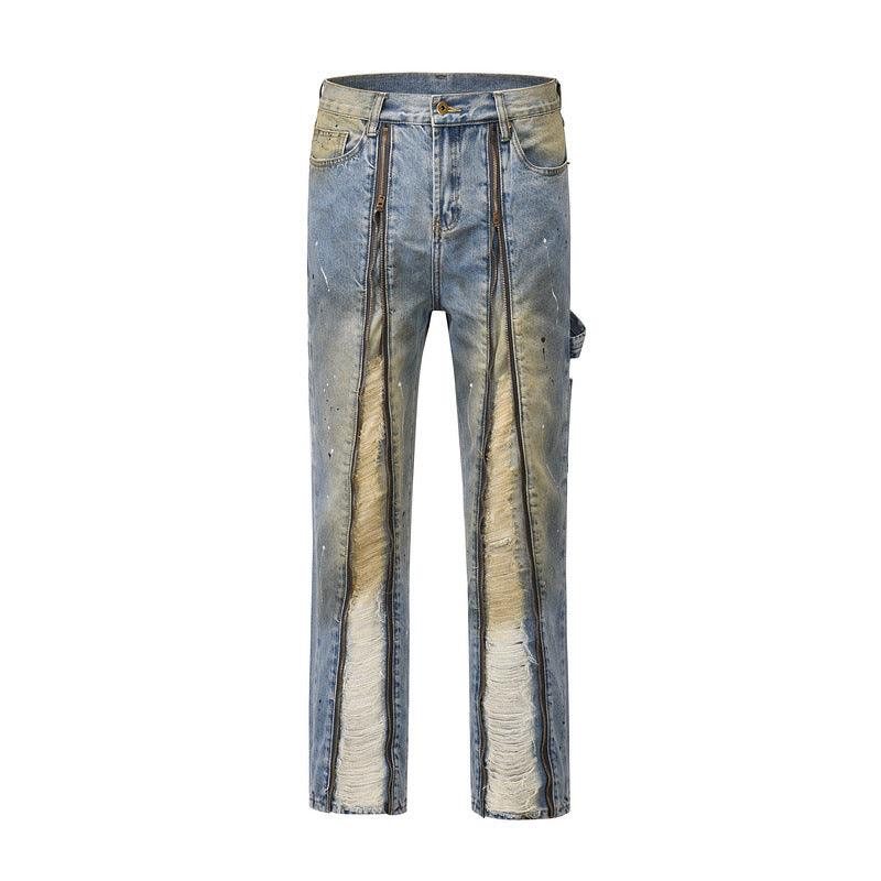 High Street Trendy Brand Long Zipper Split Burnt Out Speckled Ink Jeans - Trendha