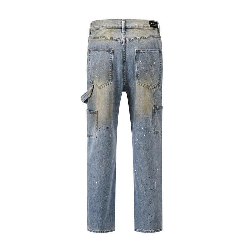 High Street Trendy Brand Long Zipper Split Burnt Out Speckled Ink Jeans - Trendha