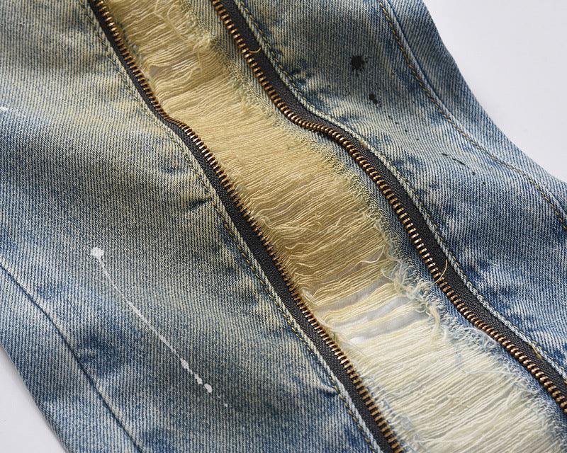 High Street Trendy Brand Long Zipper Split Burnt Out Speckled Ink Jeans - Trendha