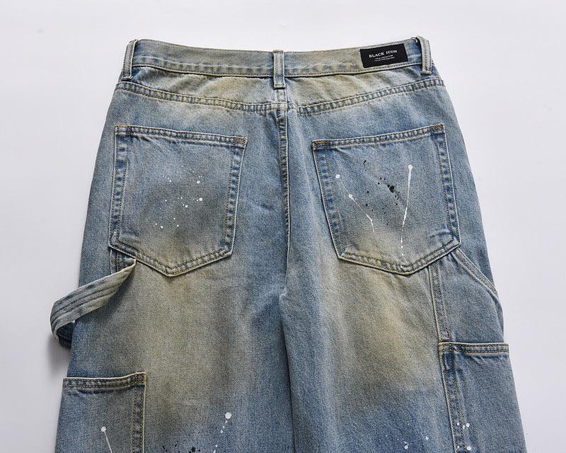 High Street Trendy Brand Long Zipper Split Burnt Out Speckled Ink Jeans - Trendha