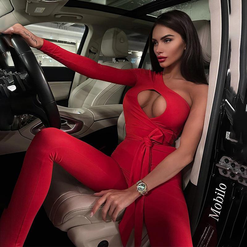 High-stretch Body-shaping Tights Female Fashion Hot Sexy Backless One Shoulder Sleeve Jumpsuit - Trendha
