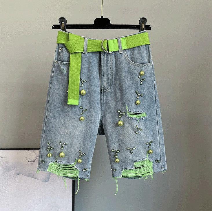 High Waisted Loose Fitting Slim Studded Denim Shorts - Trendha