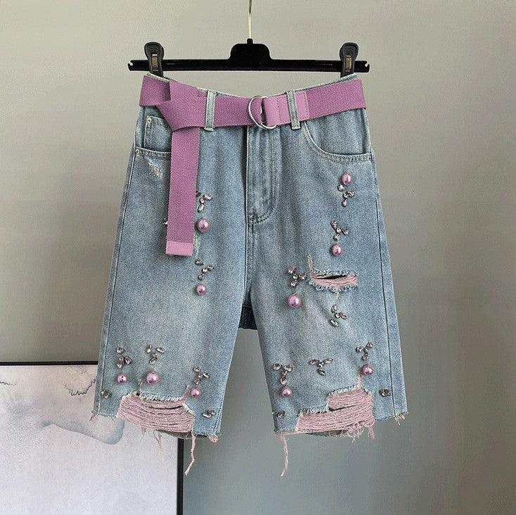 High Waisted Loose Fitting Slim Studded Denim Shorts - Trendha