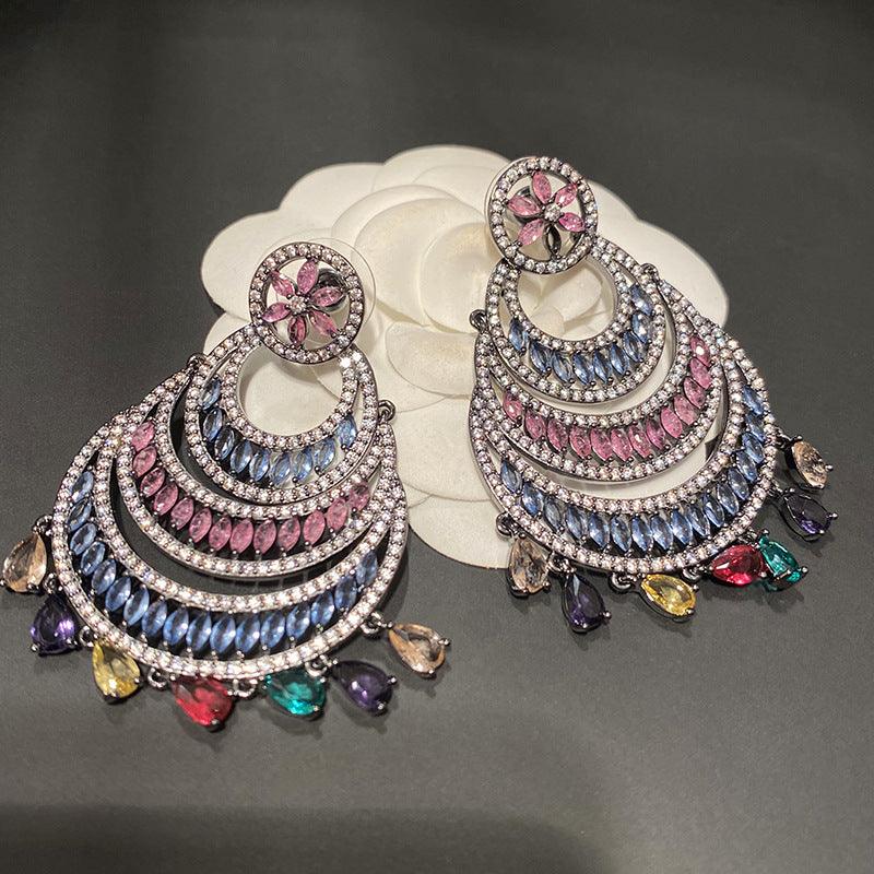 Hollow Color Large Circle Crescent Shaped Water Drop Tassel Earrings - Trendha