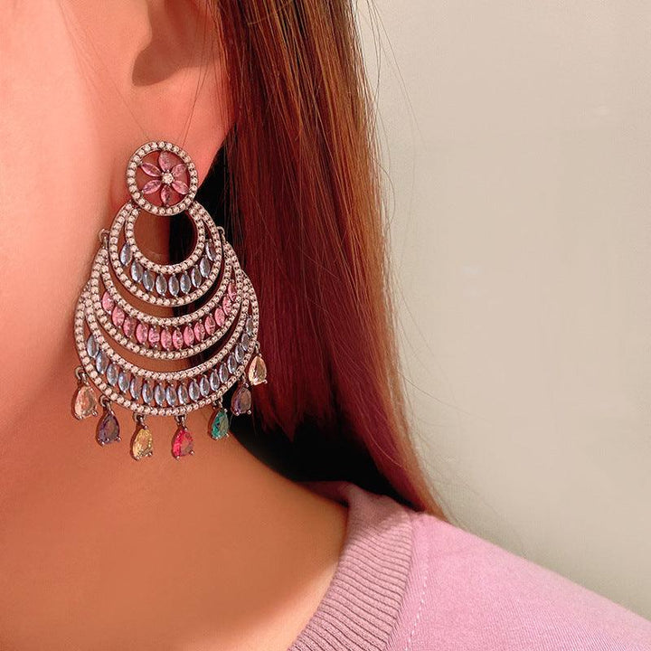 Hollow Color Large Circle Crescent Shaped Water Drop Tassel Earrings - Trendha