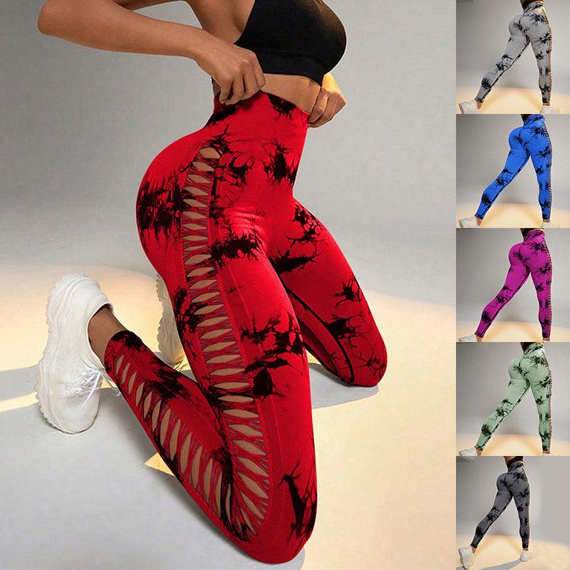 Hollow Tie Dye Printed Yoga Pants High Waist Butt Lift Seamless Sports Gym Fitness Leggings Slim Pants For Women Tight Trousers - Trendha