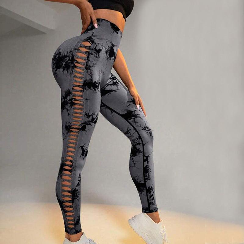 Hollow Tie Dye Printed Yoga Pants High Waist Butt Lift Seamless Sports Gym Fitness Leggings Slim Pants For Women Tight Trousers - Trendha