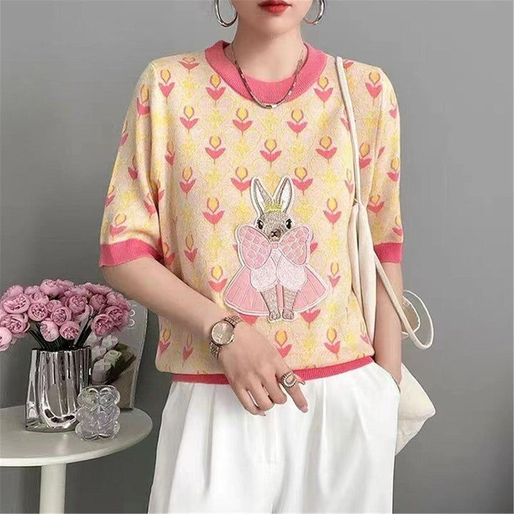 Ice Silk Embroidered Women's Cartoon Rabbit Age-reducing Soft And Adorable Short Sleeve - Trendha