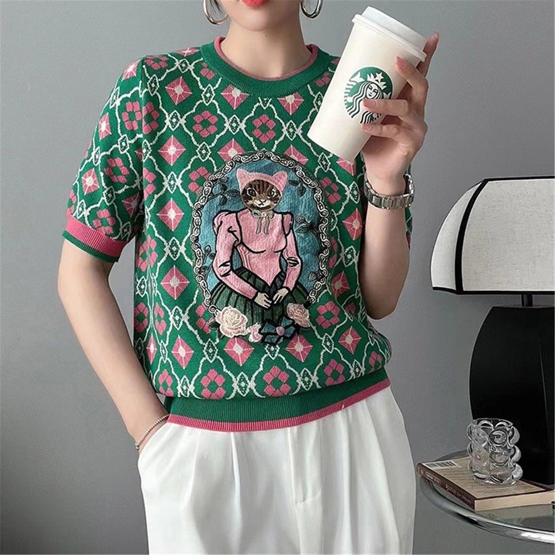 Ice Silk Embroidered Women's Cartoon Rabbit Age-reducing Soft And Adorable Short Sleeve - Trendha