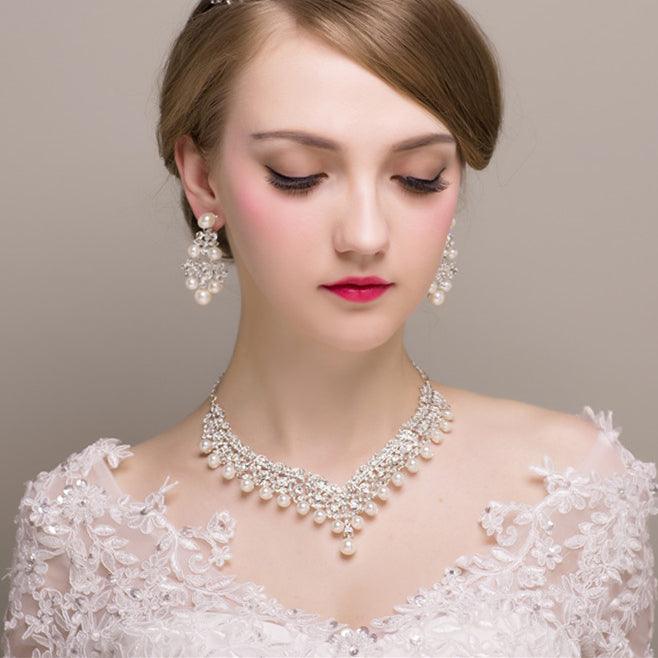 Imitation Pearl Necklace Earrings Two-piece Set - Trendha