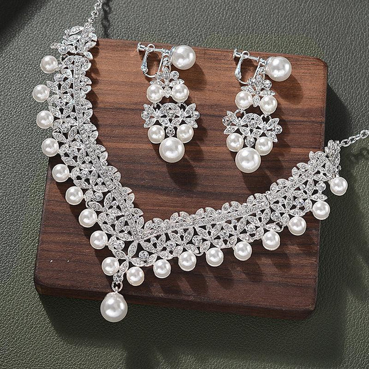 Imitation Pearl Necklace Earrings Two-piece Set - Trendha