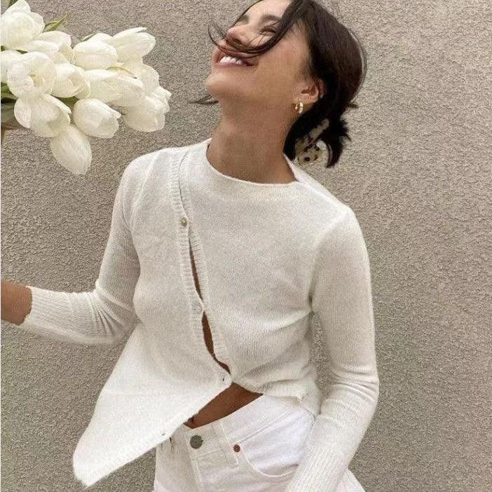 Irregular Round Neck Woolen Long-sleeved Shirt - Trendha