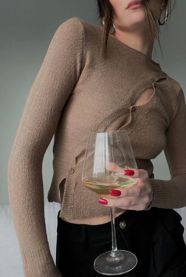 Irregular Round Neck Woolen Long-sleeved Shirt - Trendha