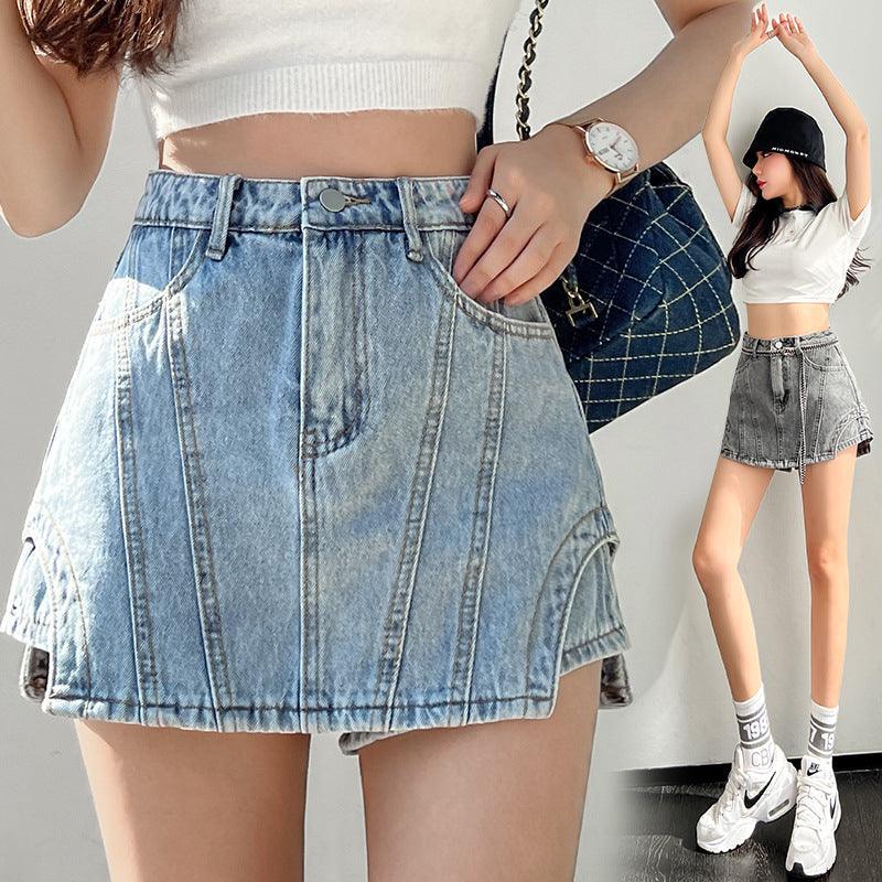 Irregular Stitching Retro High Waisted Denim Skirt - Trendha