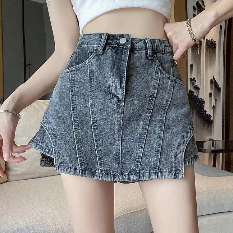 Irregular Stitching Retro High Waisted Denim Skirt - Trendha