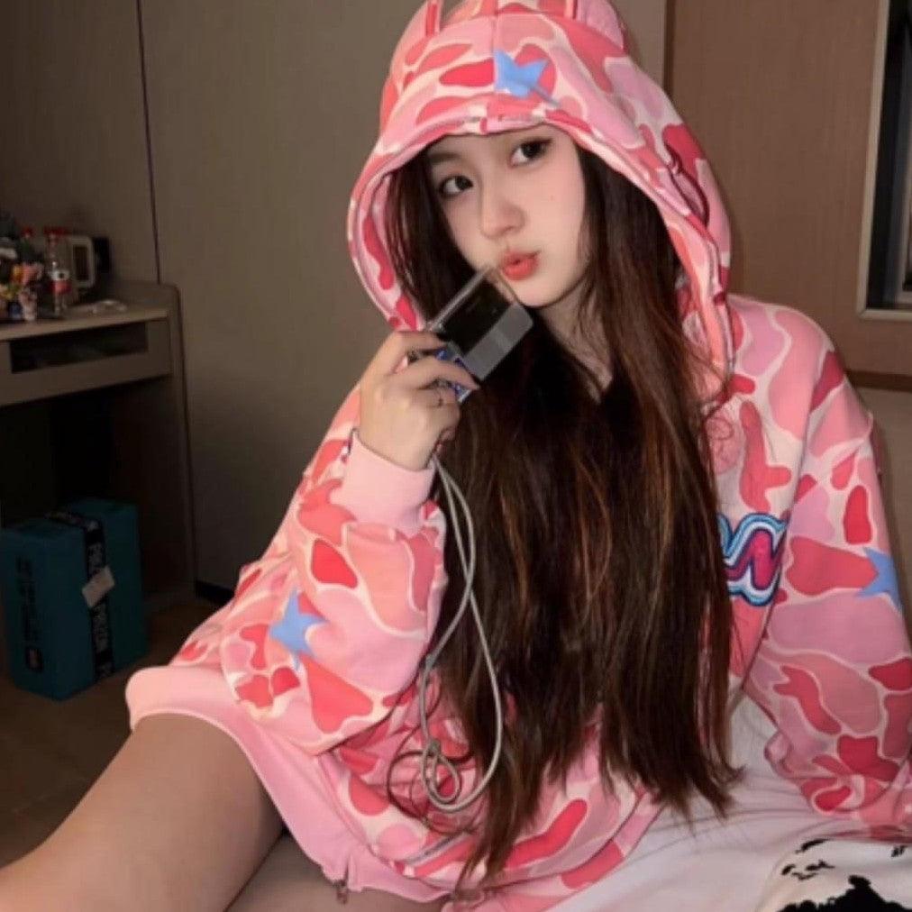 Japanese Camouflage Embroidered Cardigan Hooded Sweater - Trendha