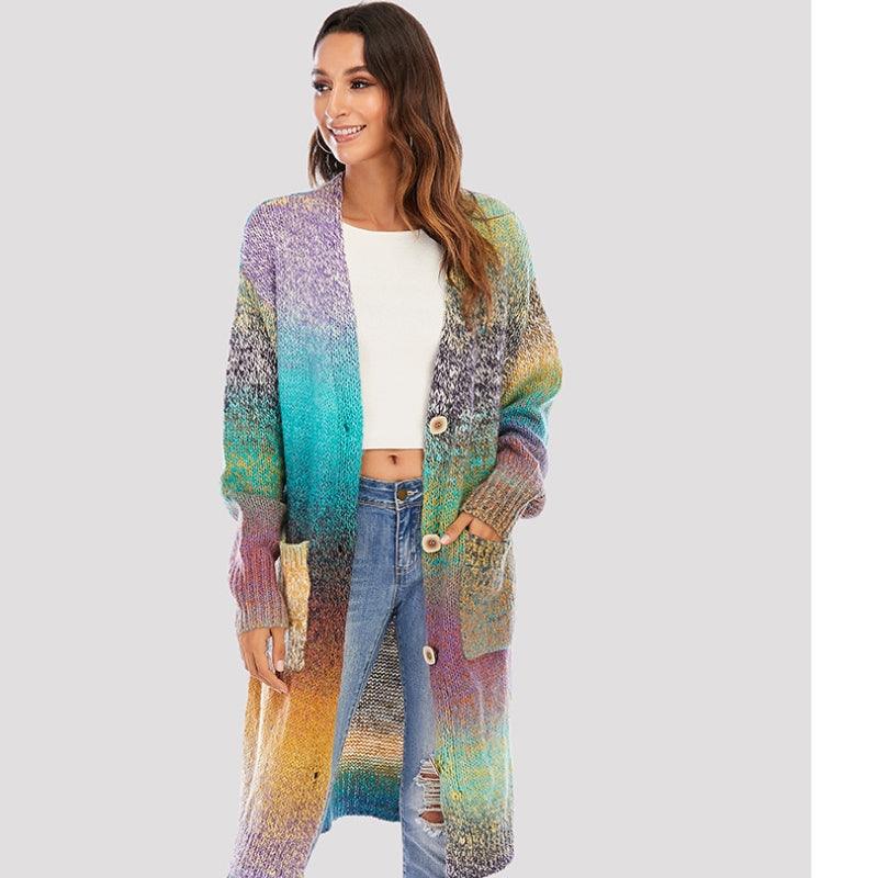 Knitted Sweater Loose Rainbow Long Coat Wool Cardigan - Trendha