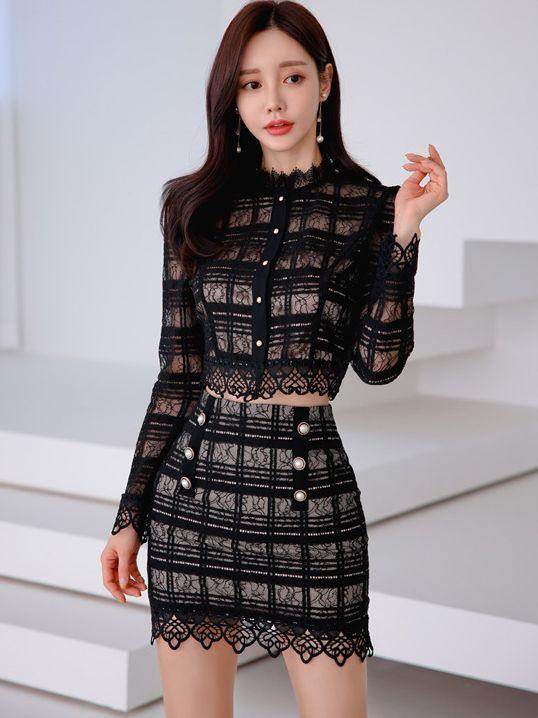 Lace Chanel Style Top Stitching Two-piece Suit - Trendha